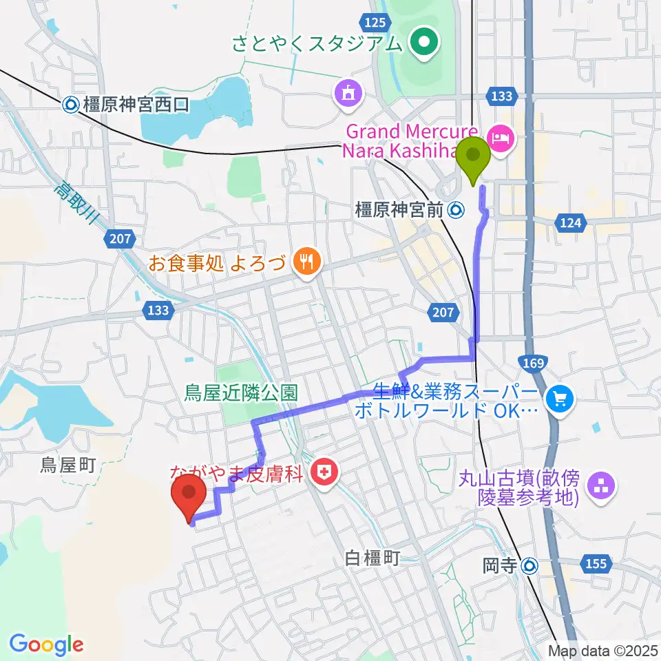 橿原神宮前駅からミュージック・ツリー音楽教室へのルートマップ地図