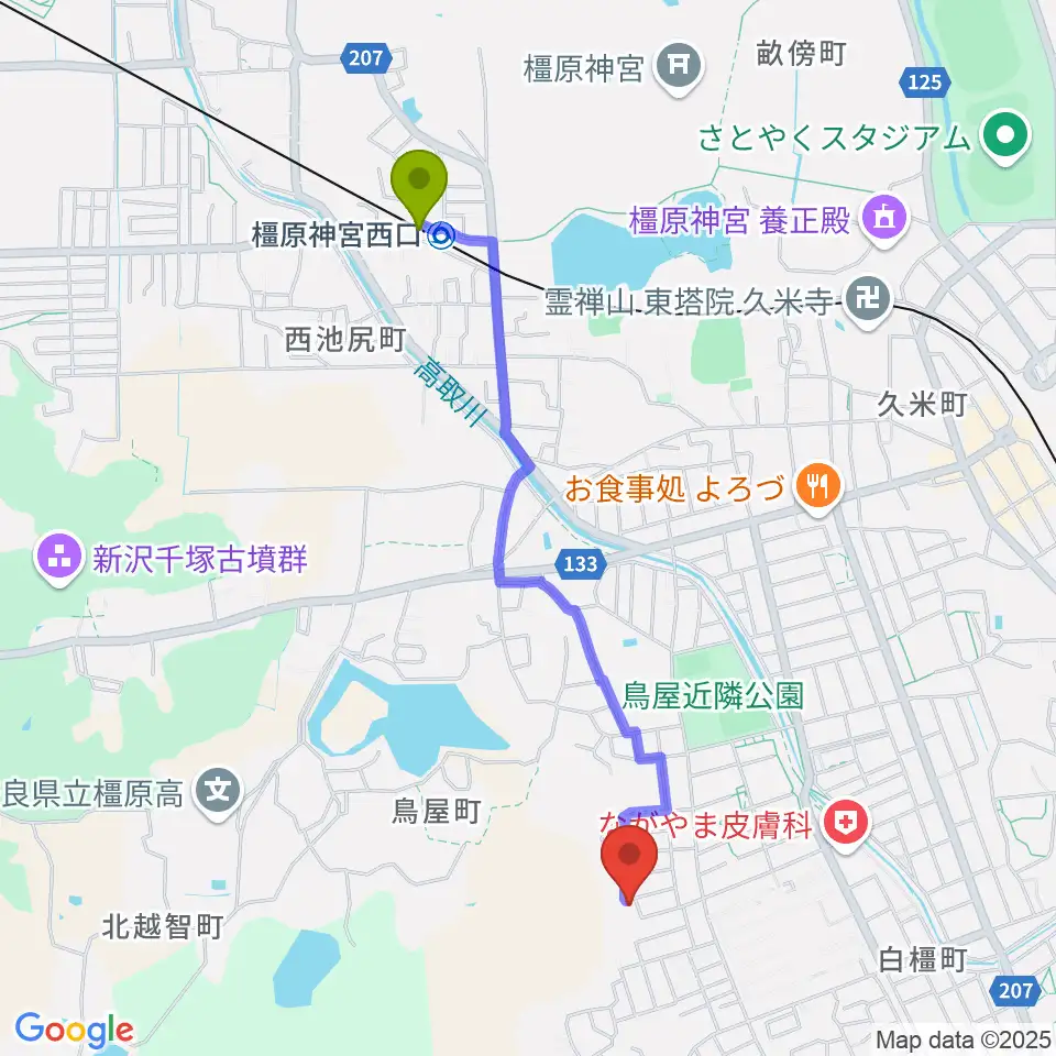 橿原神宮西口駅からミュージック・ツリー音楽教室へのルートマップ地図