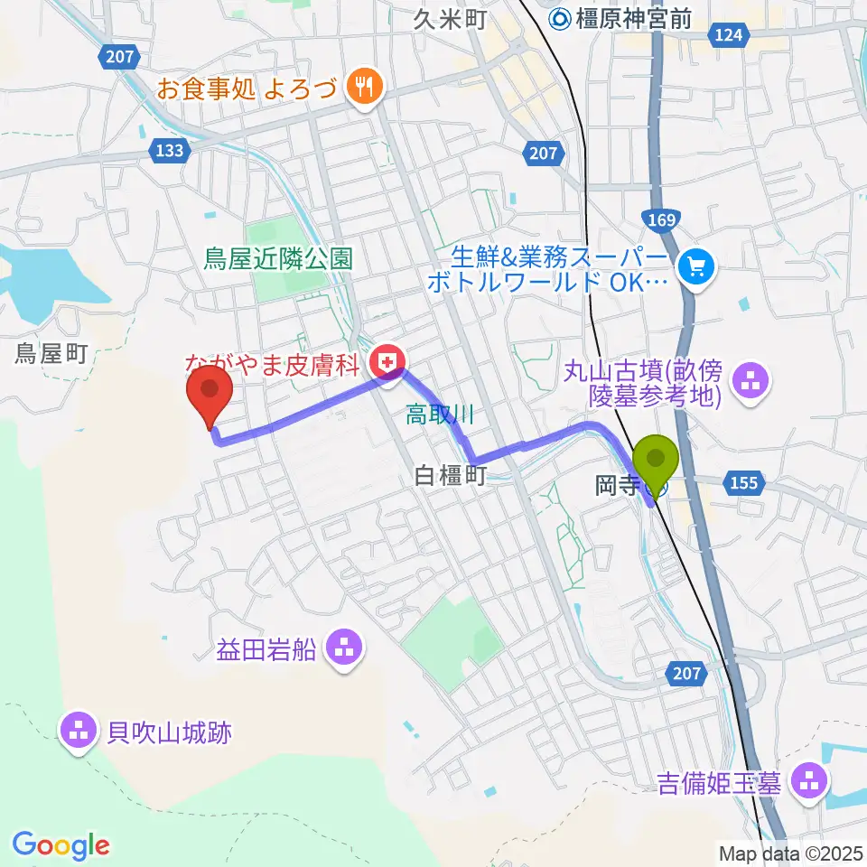 ミュージック・ツリー音楽教室の最寄駅岡寺駅からの徒歩ルート（約16分）地図