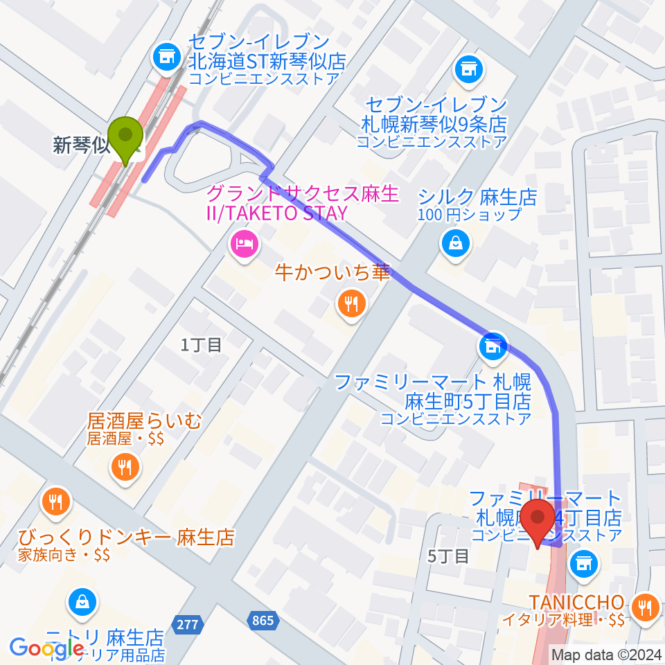 新琴似駅からデコ・ミュージックへのルートマップ地図