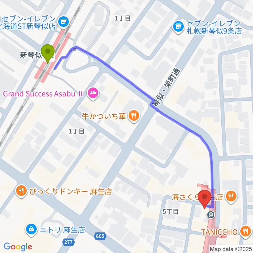 新琴似駅からデコ・ミュージックへのルートマップ地図