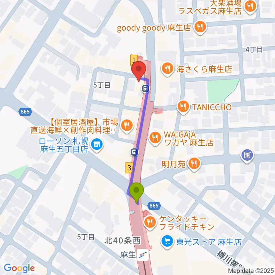 デコ・ミュージックの最寄駅麻生駅からの徒歩ルート（約3分）地図