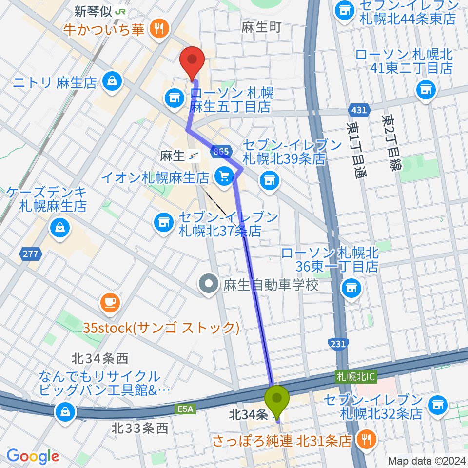 北３４条駅からデコ・ミュージックへのルートマップ地図