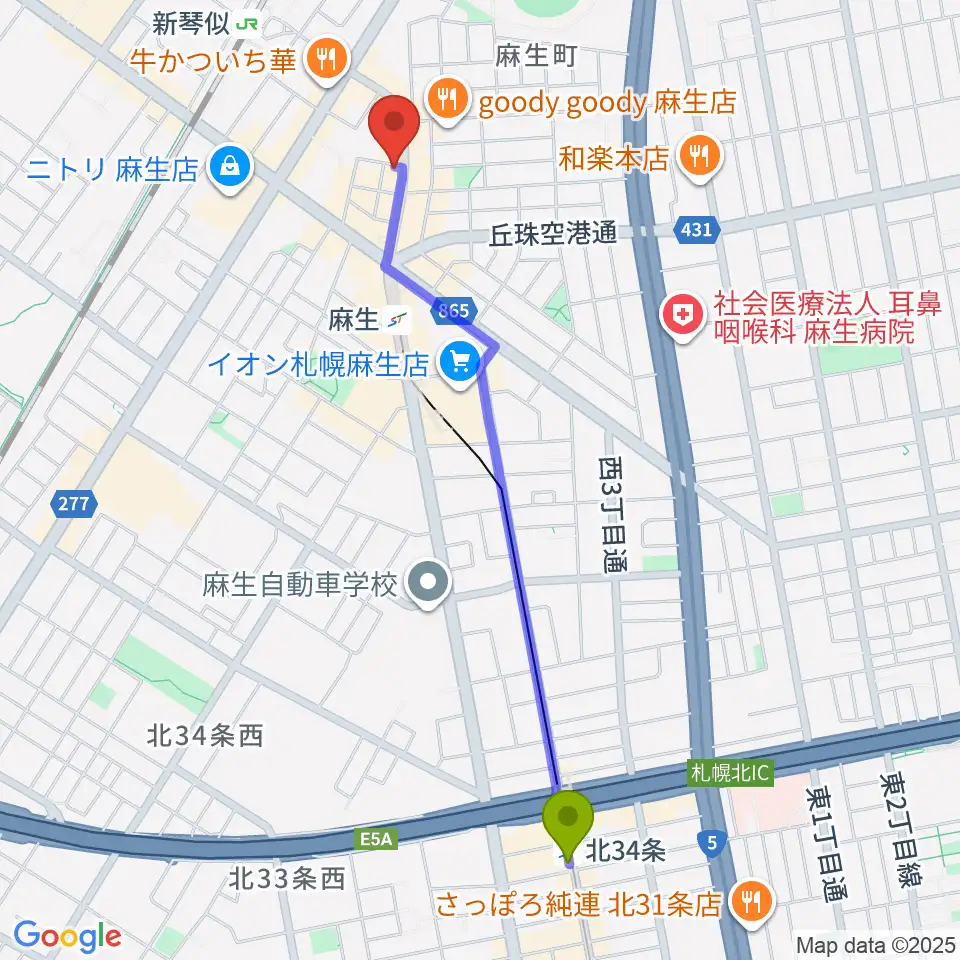 北３４条駅からデコ・ミュージックへのルートマップ地図