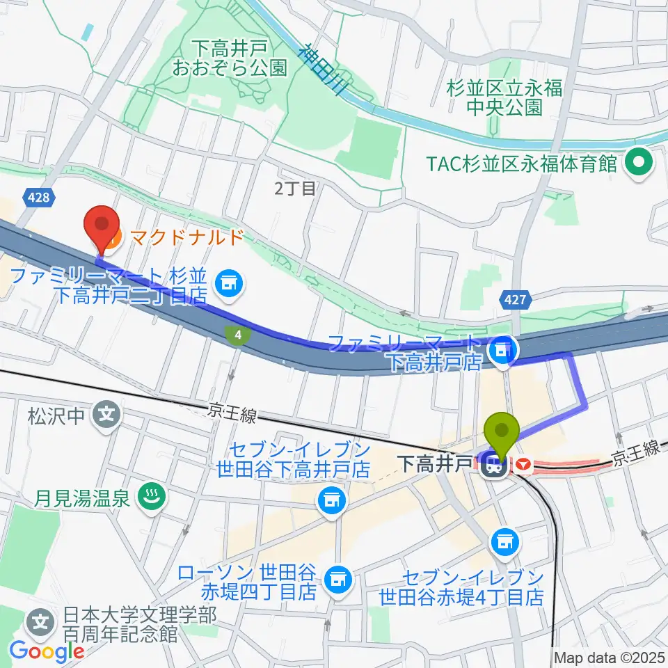 下高井戸駅からバイオリンレガートへのルートマップ地図