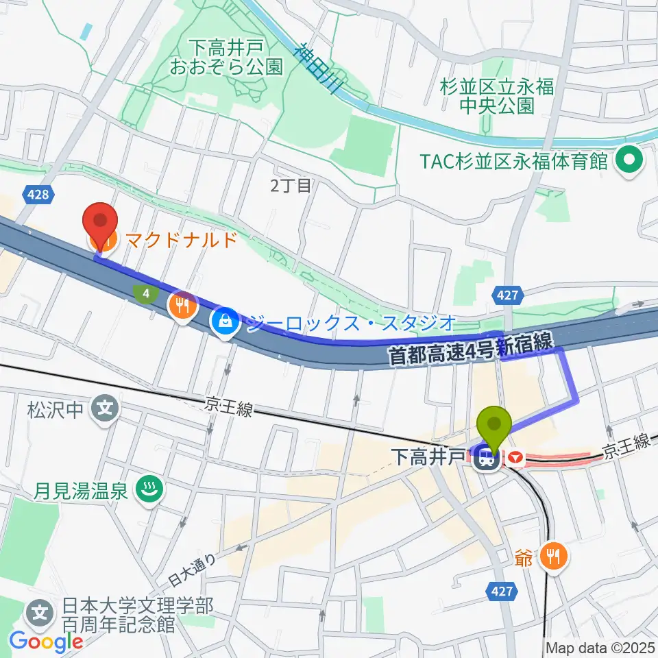 下高井戸駅からバイオリンレガートへのルートマップ地図