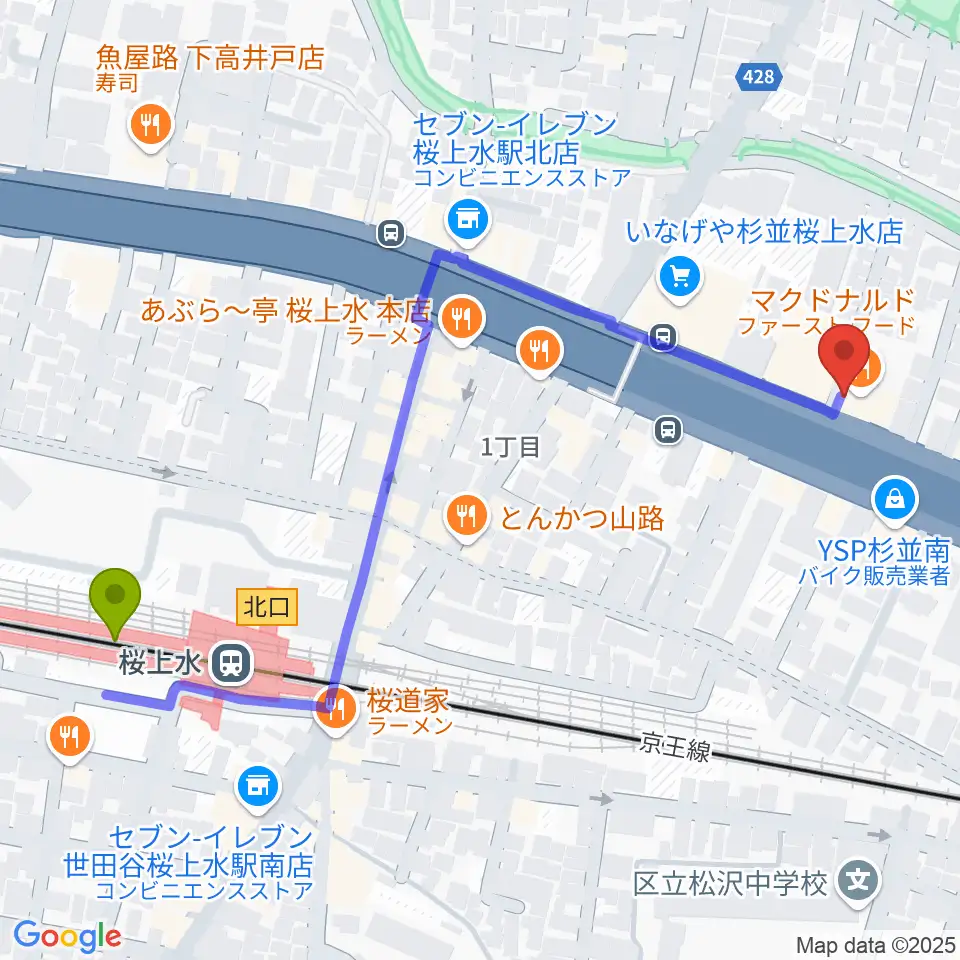 バイオリンレガートの最寄駅桜上水駅からの徒歩ルート（約6分）地図