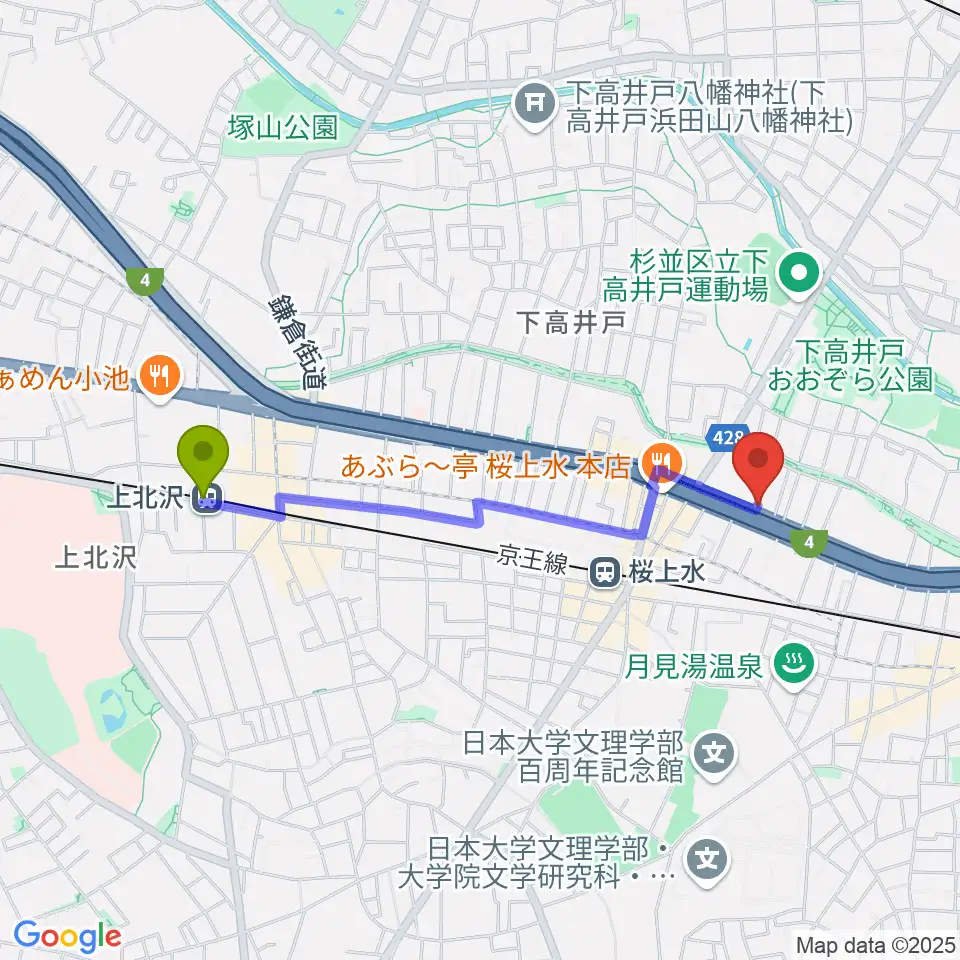 上北沢駅からバイオリンレガートへのルートマップ地図