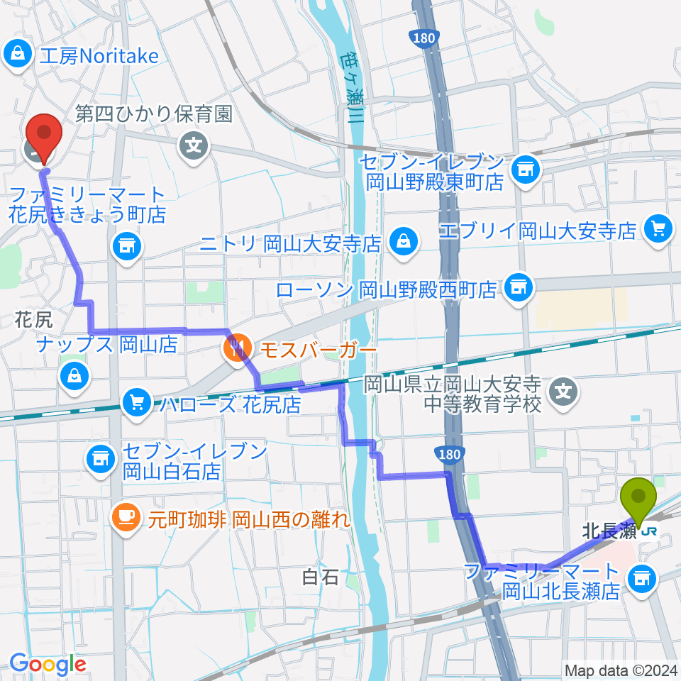 北長瀬駅から三鈴学園・三鈴教室へのルートマップ地図