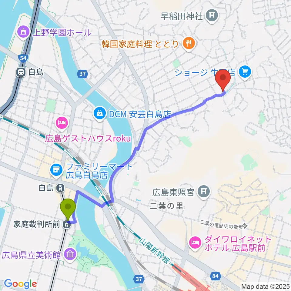 家庭裁判所前駅からMiu音楽アカデミーへのルートマップ地図