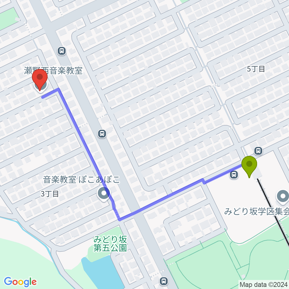 瀬野西音楽教室の最寄駅みどり中央駅からの徒歩ルート（約6分）地図
