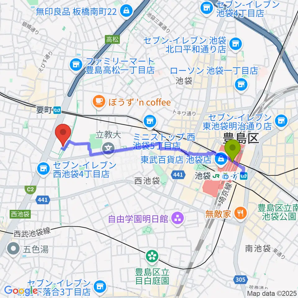 池袋駅から河野ギター製作所へのルートマップ地図