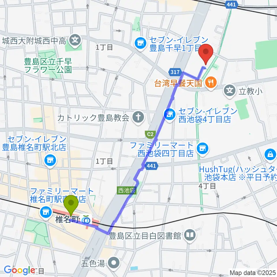 椎名町駅から河野ギター製作所へのルートマップ地図