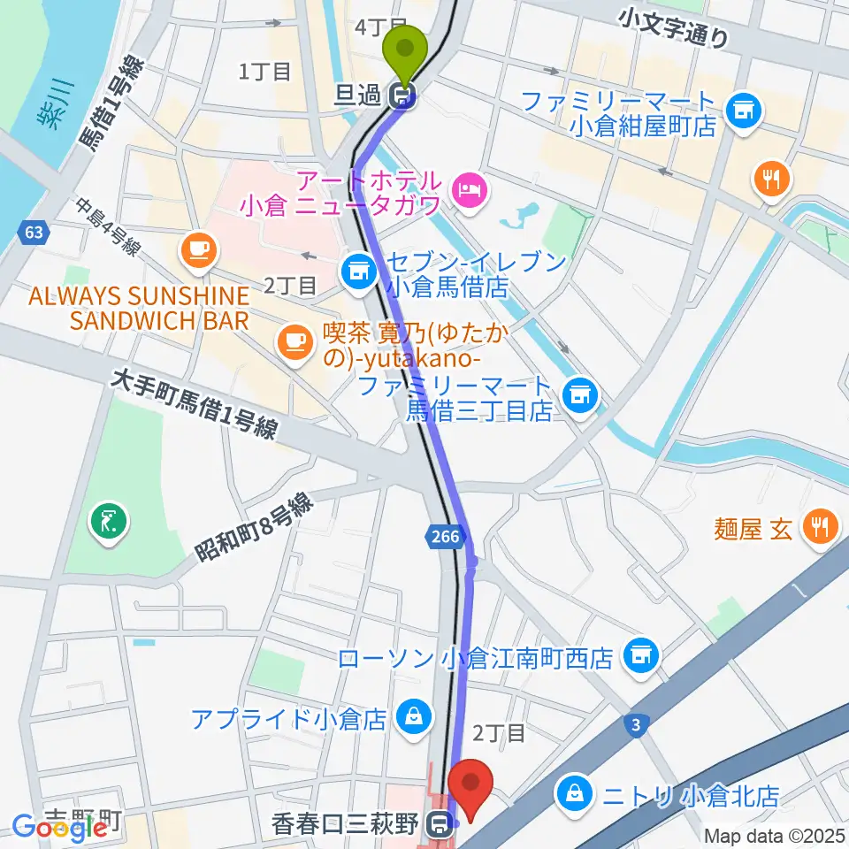 旦過駅から篠崎ミュージックアカデミー北九州校へのルートマップ地図