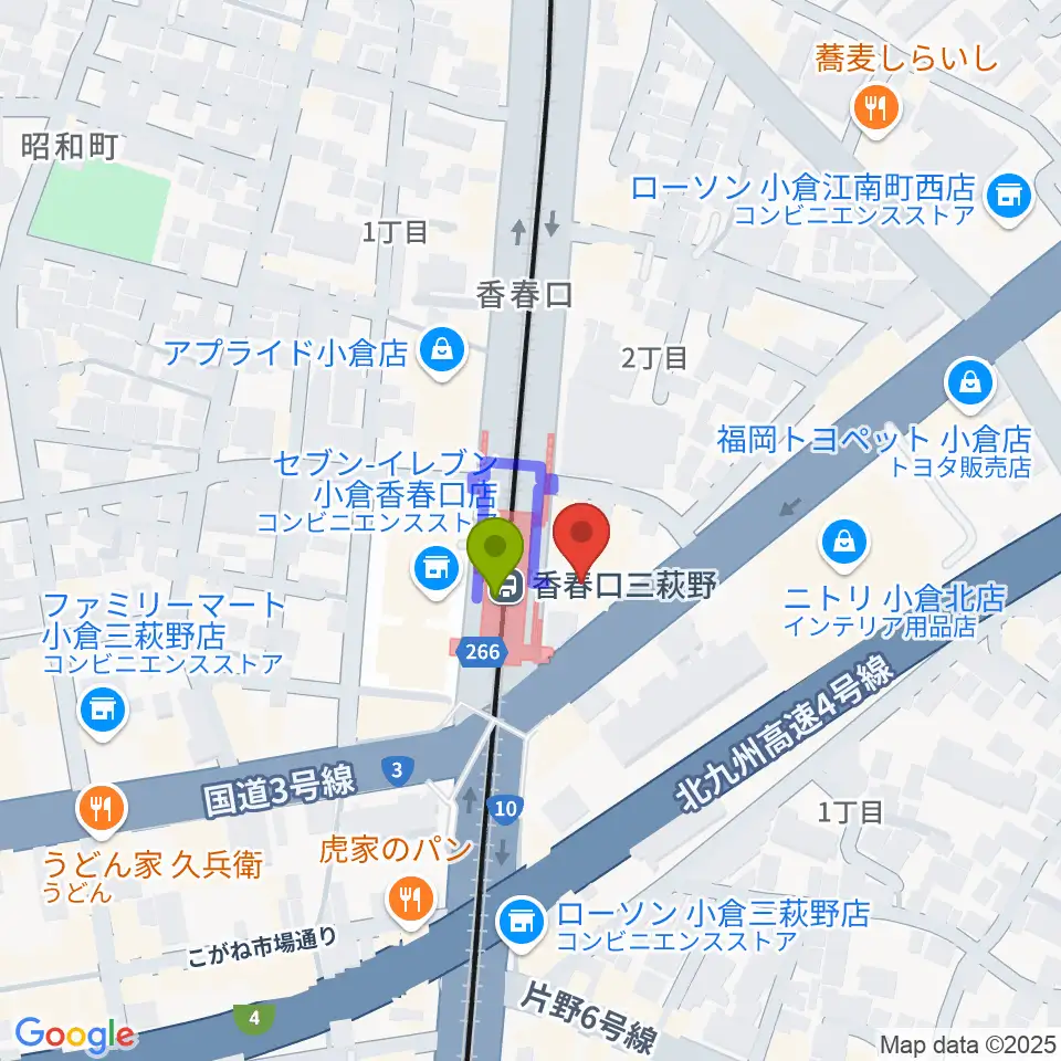 篠崎ミュージックアカデミー北九州校の最寄駅香春口三萩野駅からの徒歩ルート（約1分）地図