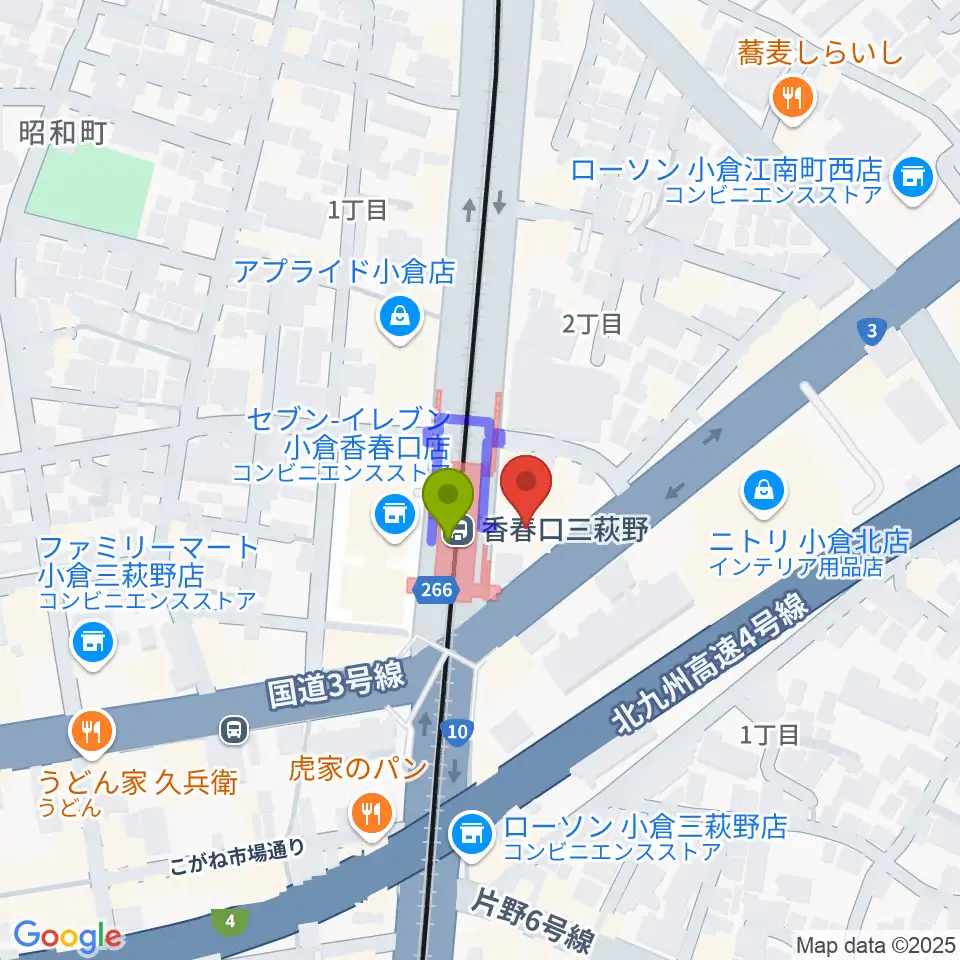 篠崎ミュージックアカデミー北九州校の最寄駅香春口三萩野駅からの徒歩ルート（約1分）地図