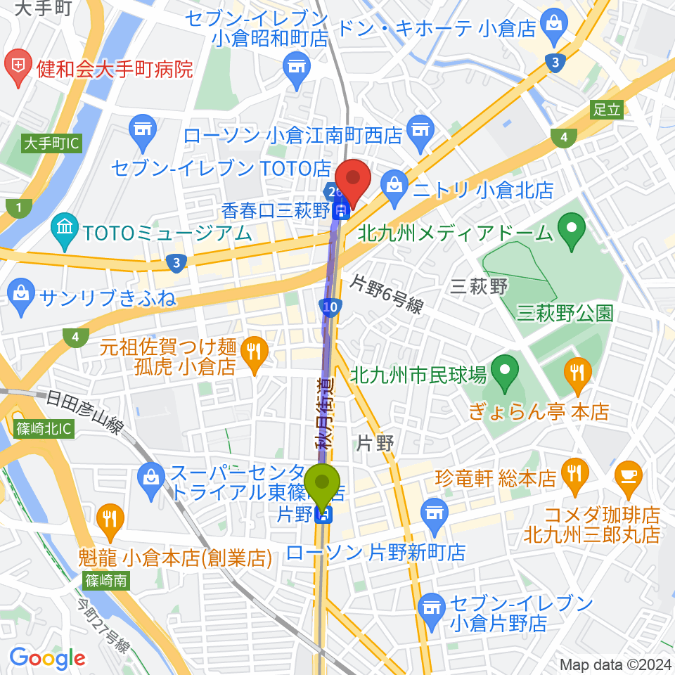 片野駅から篠崎ミュージックアカデミー北九州校へのルートマップ地図