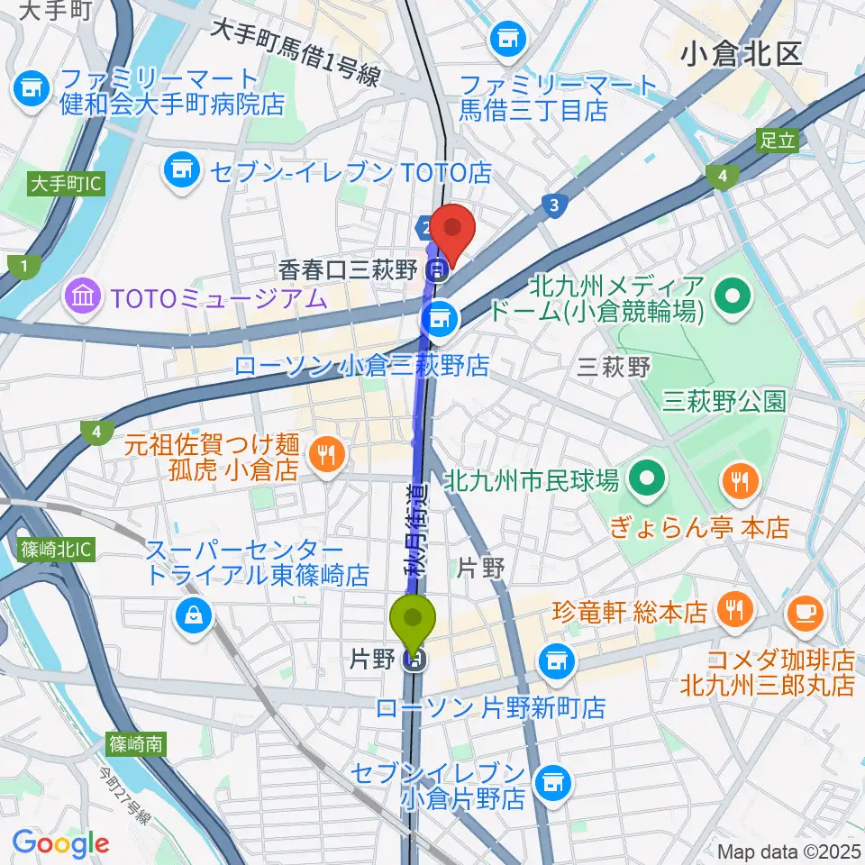 片野駅から篠崎ミュージックアカデミー北九州校へのルートマップ地図