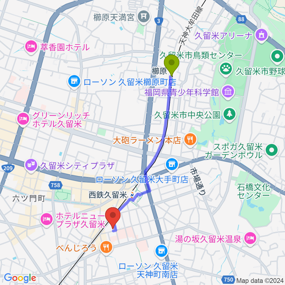 櫛原駅から木下楽器店クルメセンターへのルートマップ地図