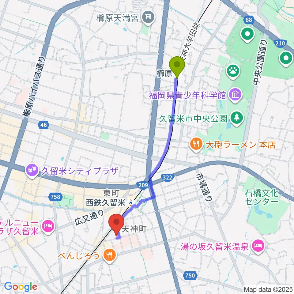 櫛原駅から木下楽器店クルメセンターへのルートマップ地図