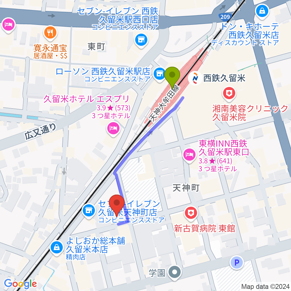 木下楽器店クルメセンターの最寄駅西鉄久留米駅からの徒歩ルート（約4分）地図