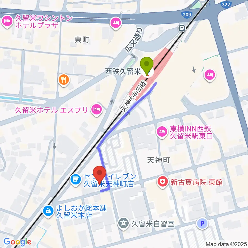 木下楽器店クルメセンターの最寄駅西鉄久留米駅からの徒歩ルート（約4分）地図