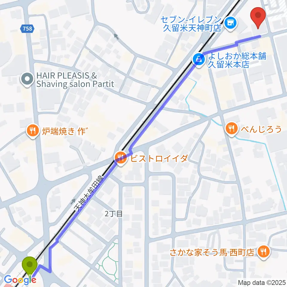 花畑駅から木下楽器店クルメセンターへのルートマップ地図