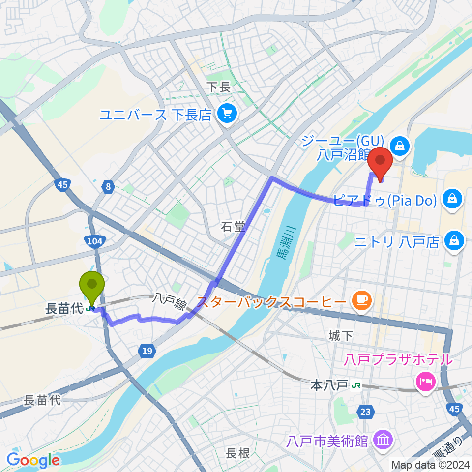 長苗代駅からサウンドクリエイトへのルートマップ地図