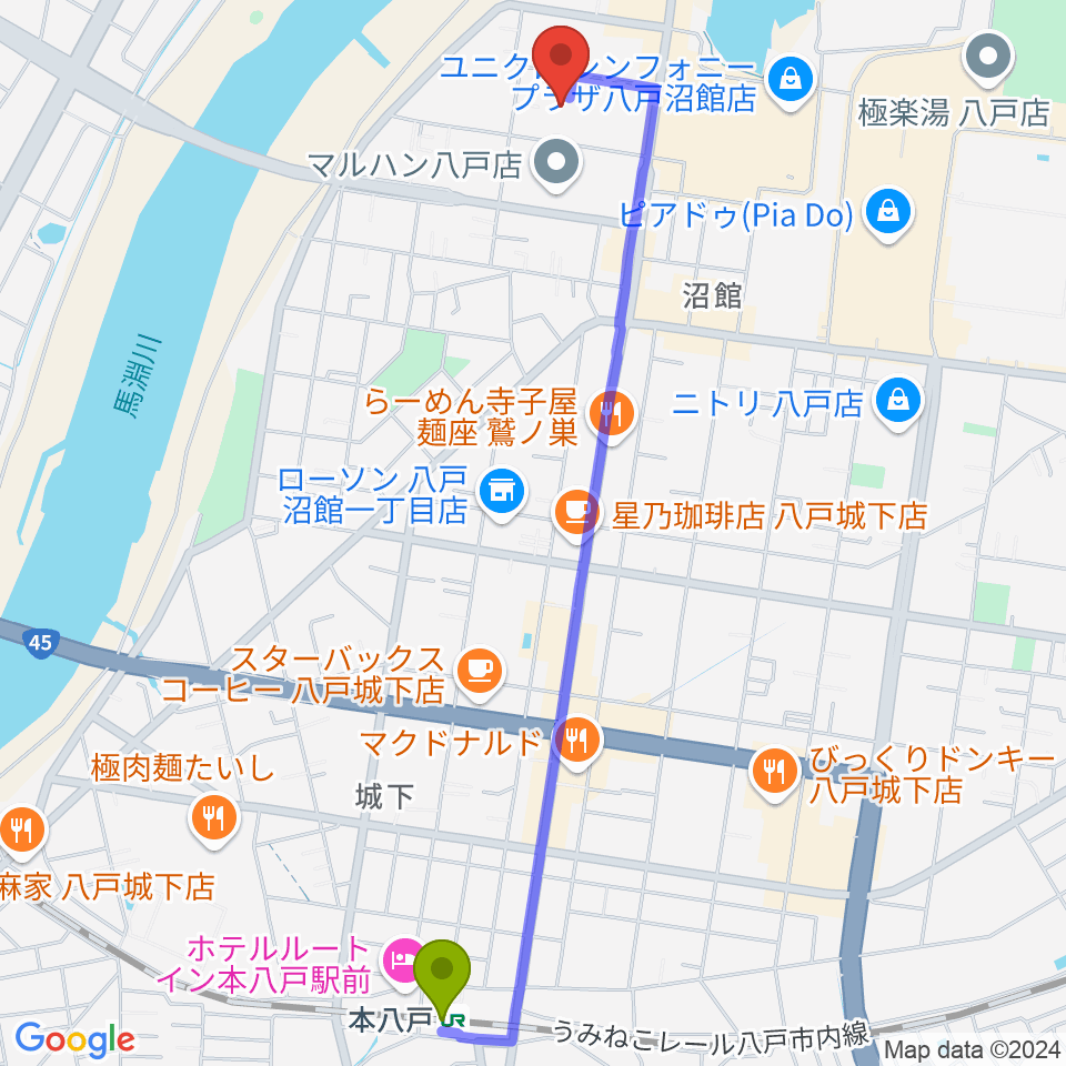 サウンドクリエイトの最寄駅本八戸駅からの徒歩ルート（約25分）地図