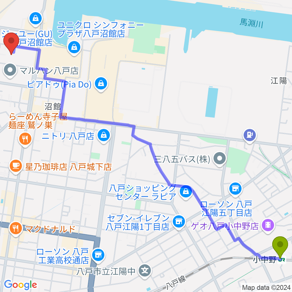 小中野駅からサウンドクリエイトへのルートマップ地図