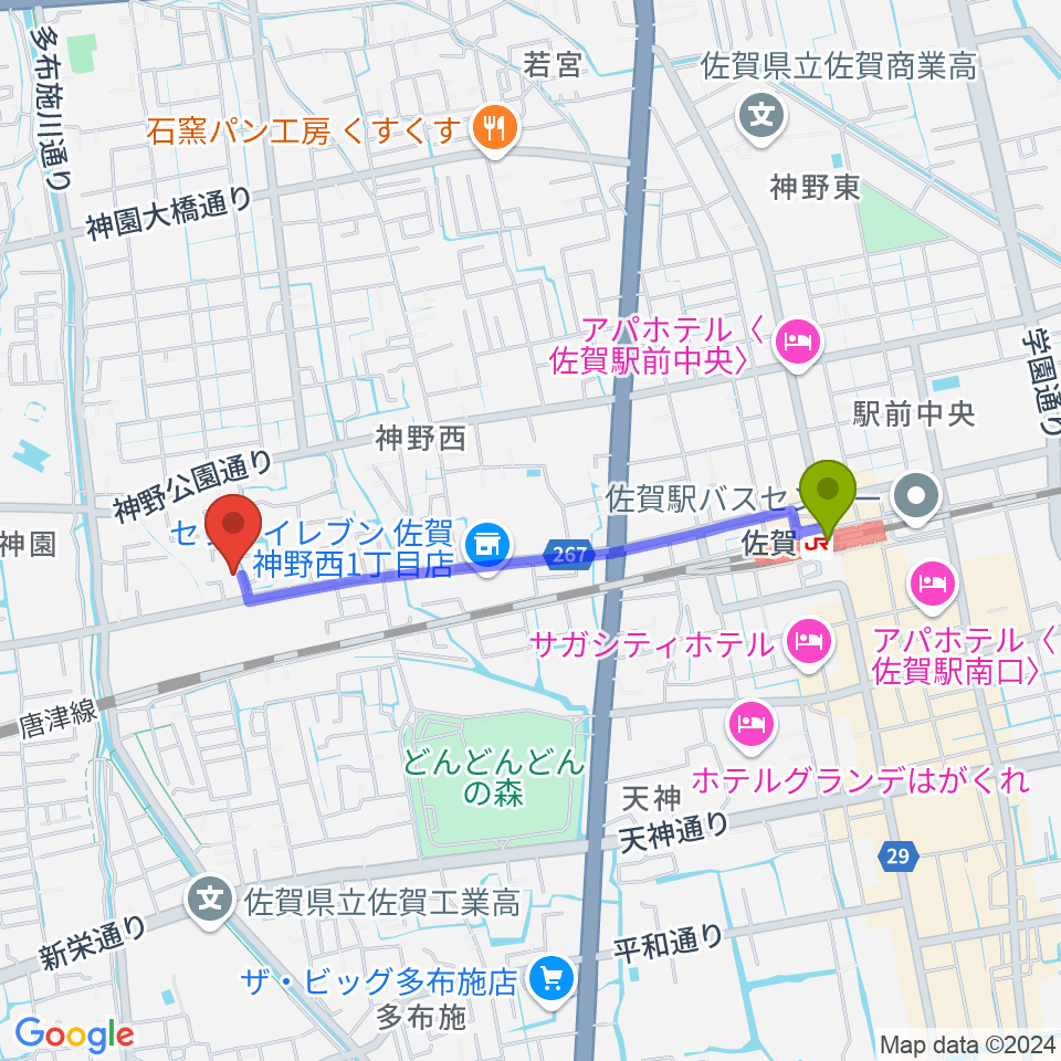 ハヤシミュージックアカデミーの最寄駅佐賀駅からの徒歩ルート（約18分）地図