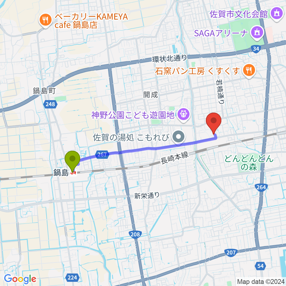 鍋島駅からハヤシミュージックアカデミーへのルートマップ地図