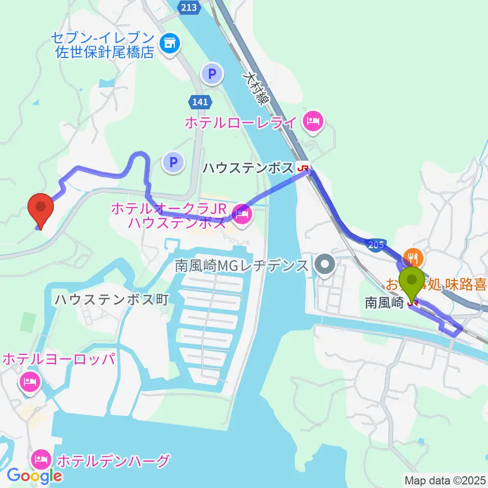 南風崎駅からラ・ヴィ・ミュージックへのルートマップ地図