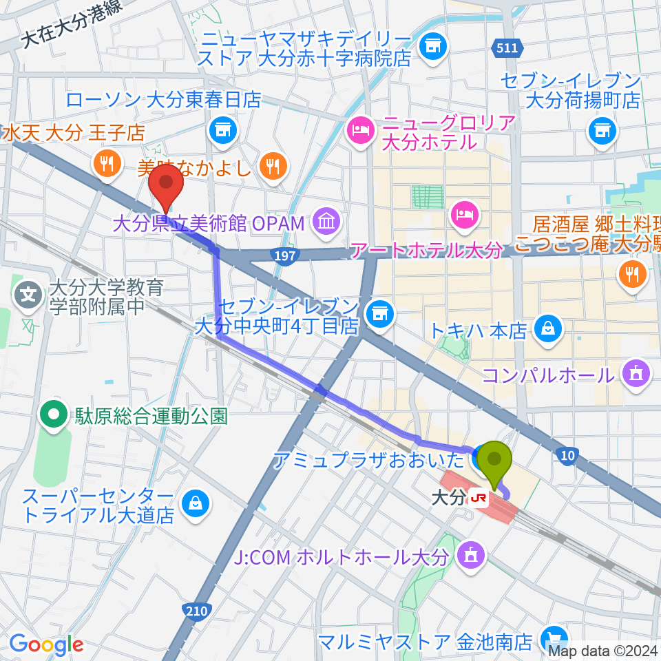 平和楽器の最寄駅大分駅からの徒歩ルート（約21分）地図