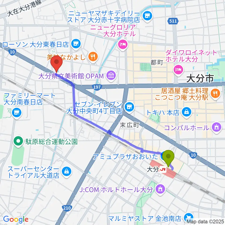 平和楽器の最寄駅大分駅からの徒歩ルート（約21分）地図