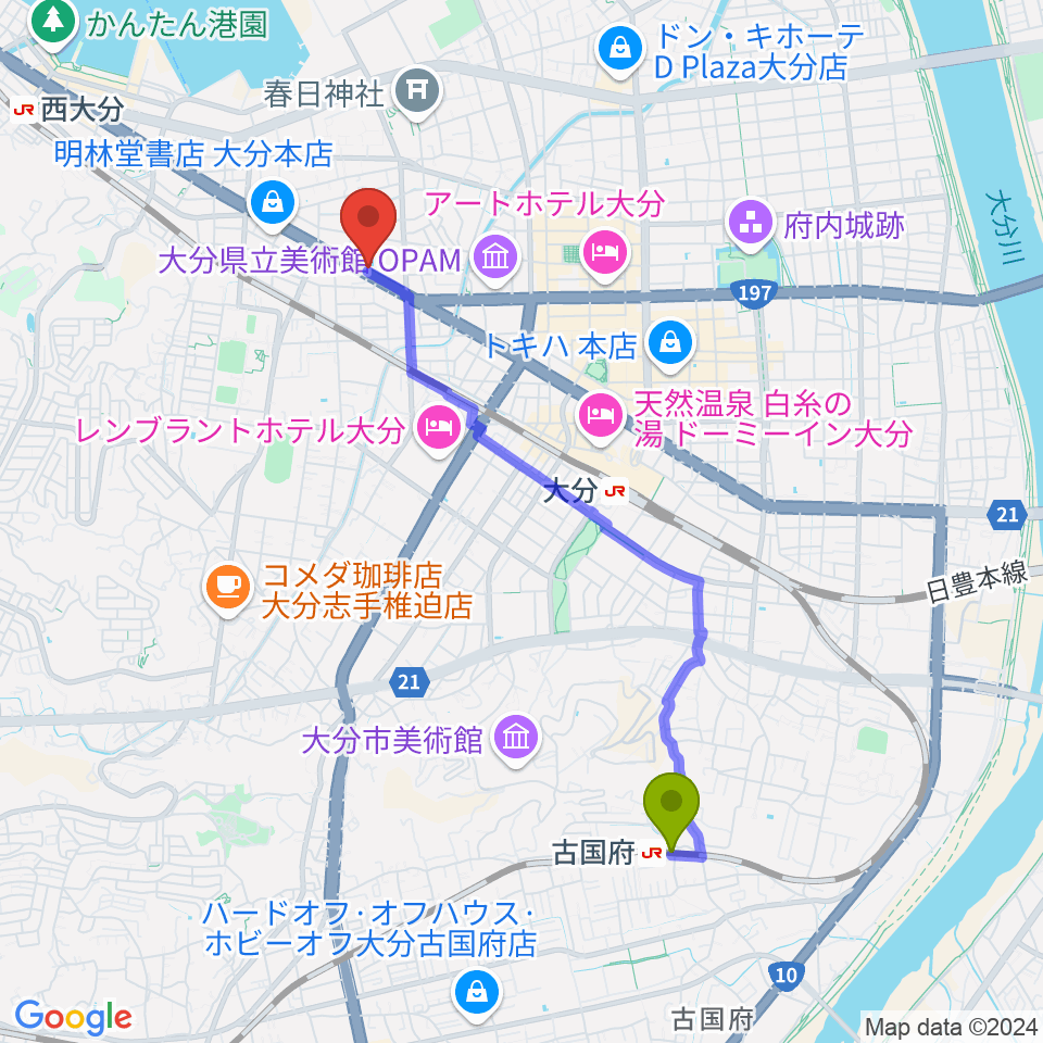 古国府駅から平和楽器へのルートマップ地図