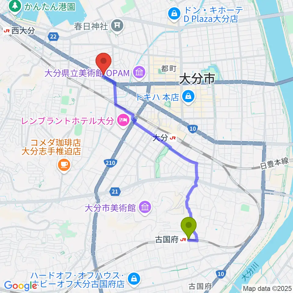 古国府駅から平和楽器へのルートマップ地図