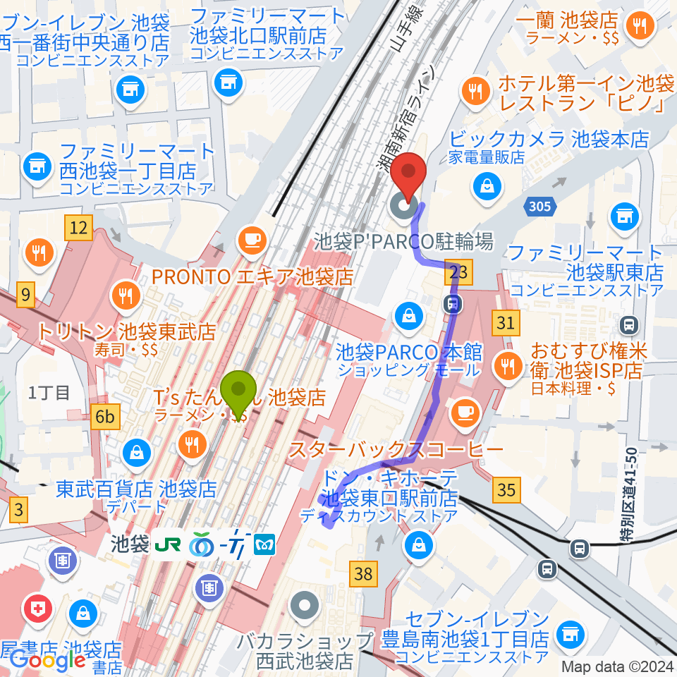 イシバシ楽器 池袋店の最寄駅池袋駅からの徒歩ルート（約3分）地図