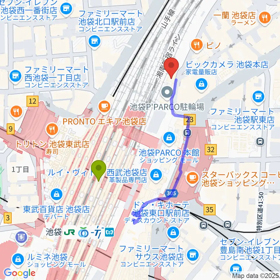 イシバシ楽器 池袋店の最寄駅池袋駅からの徒歩ルート（約3分）地図