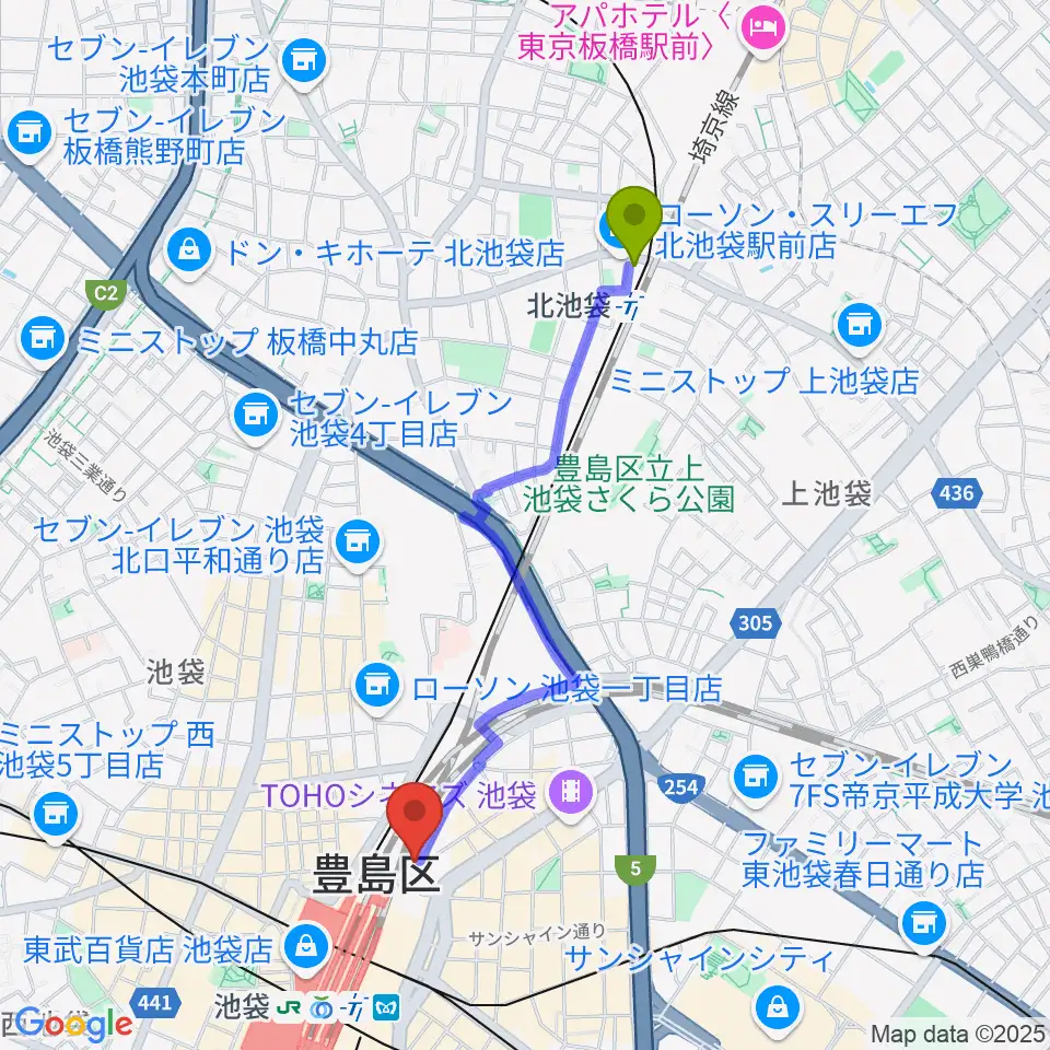 北池袋駅からイシバシ楽器 池袋店へのルートマップ地図