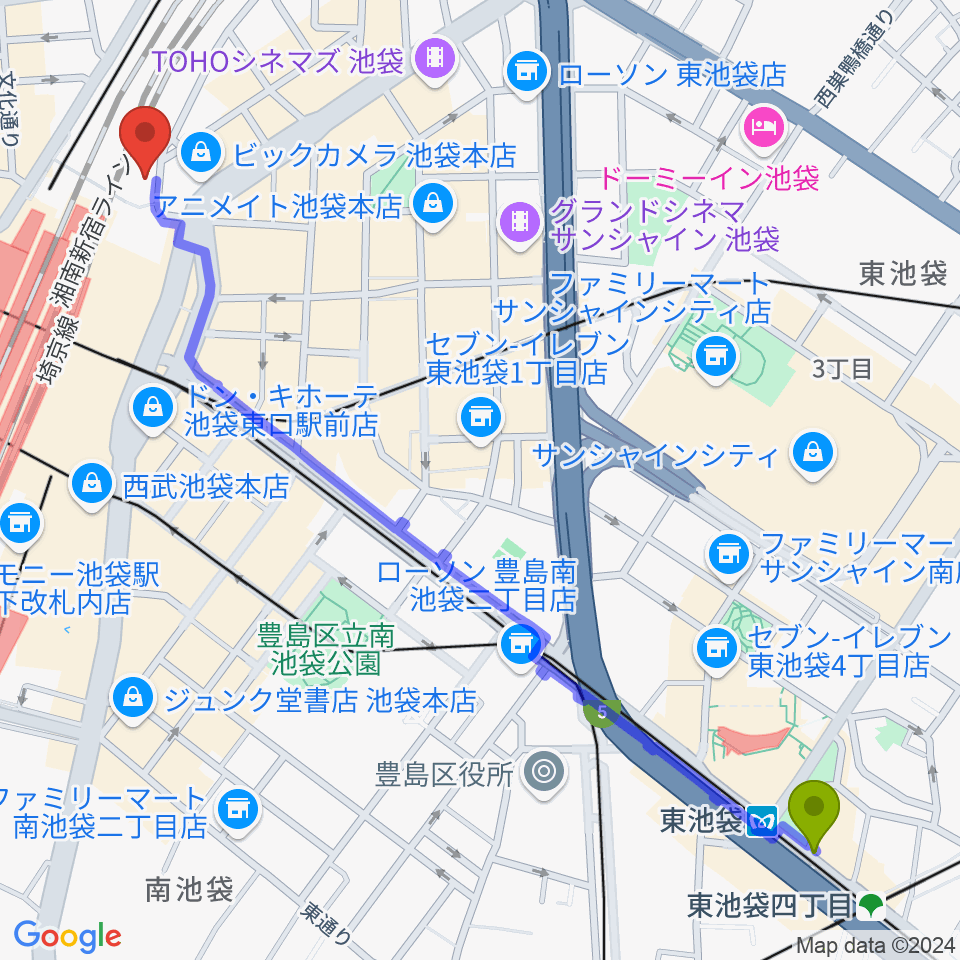 東池袋駅からイシバシ楽器 池袋店へのルートマップ地図