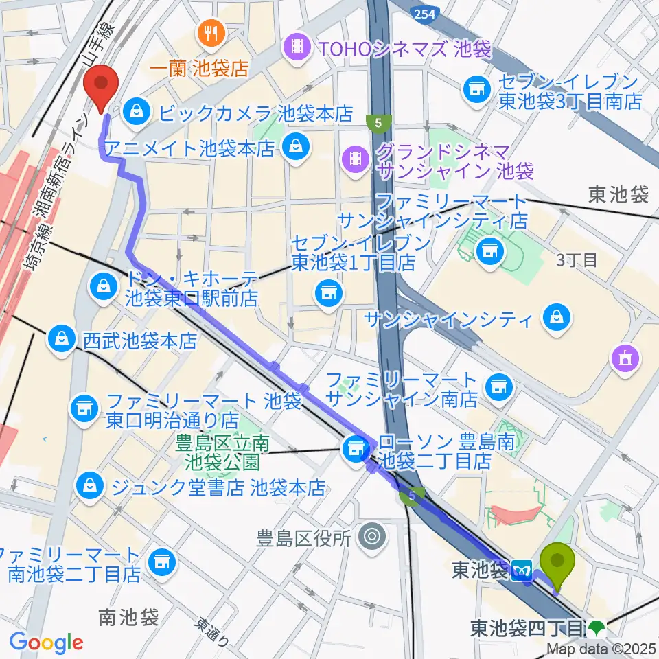 東池袋駅からイシバシ楽器 池袋店へのルートマップ地図