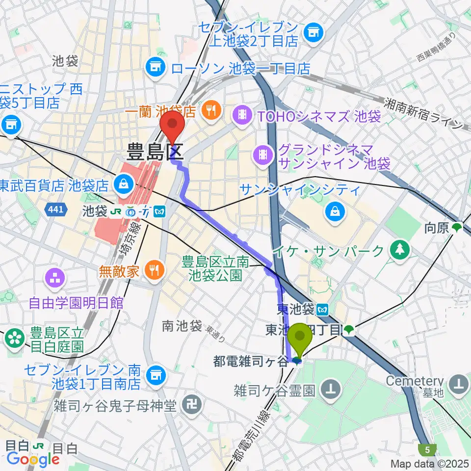 都電雑司ヶ谷駅からイシバシ楽器 池袋店へのルートマップ地図