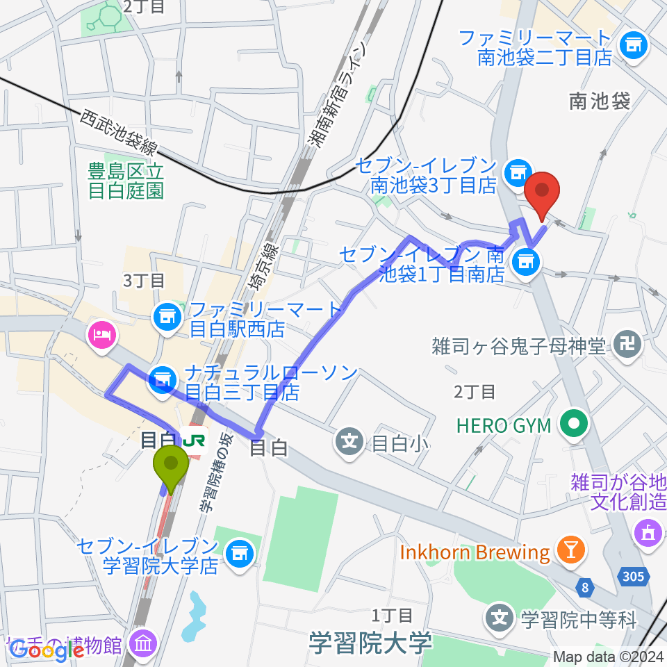 目白駅からFANAへのルートマップ地図