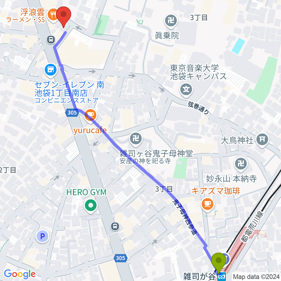 FANAの最寄駅雑司が谷駅からの徒歩ルート（約8分）地図