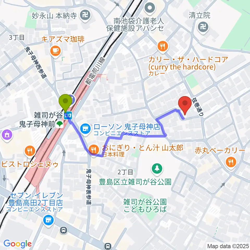 ギター専門店FANA東京の最寄駅雑司が谷駅からの徒歩ルート（約4分）地図