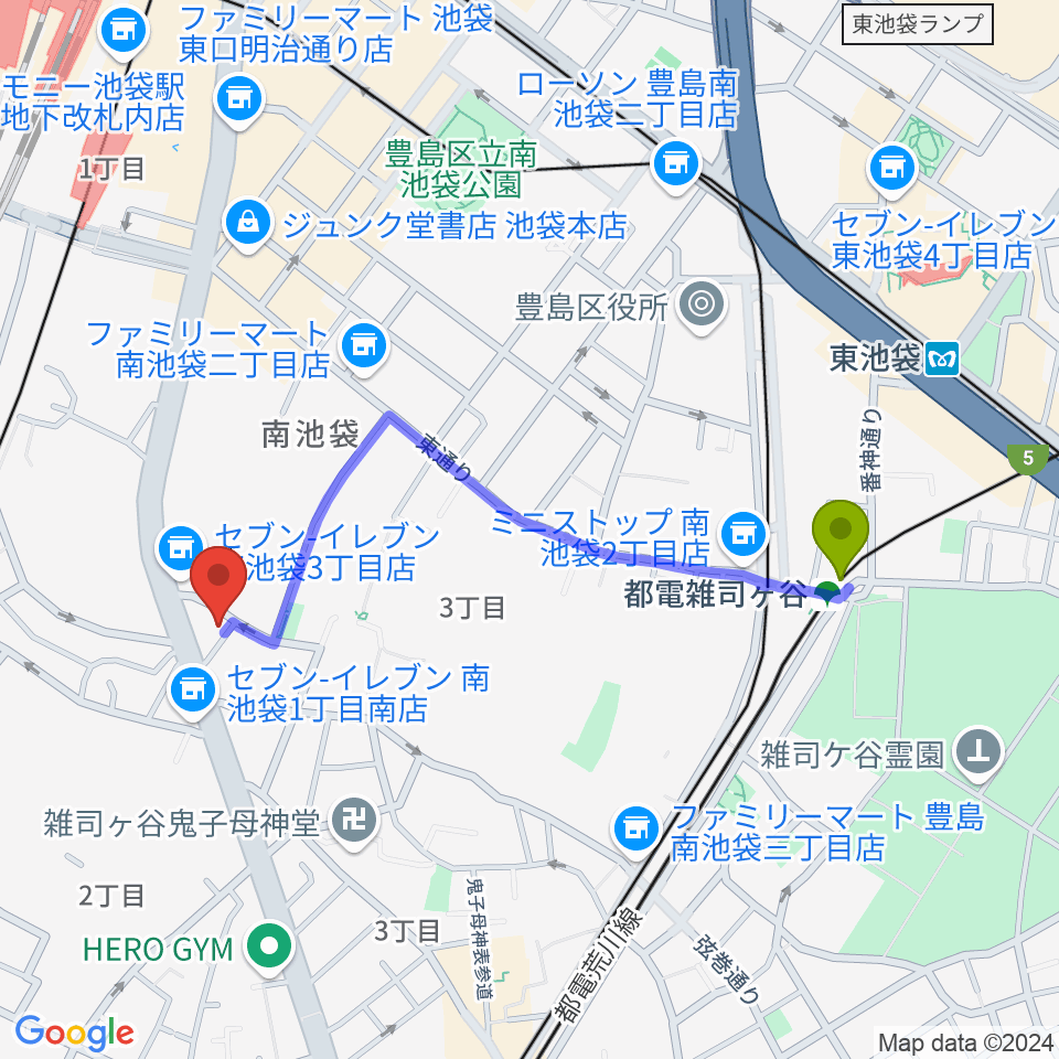 都電雑司ヶ谷駅からFANAへのルートマップ地図