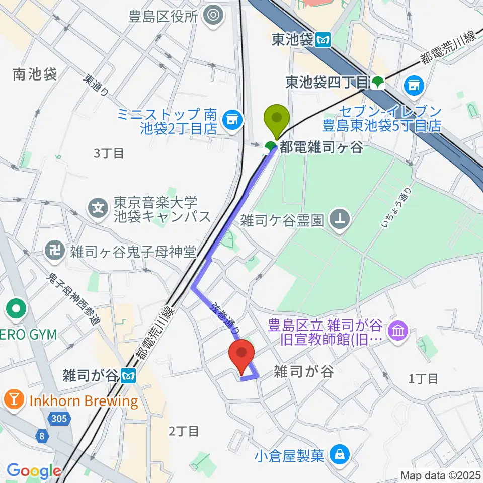 都電雑司ヶ谷駅からギター専門店FANA東京へのルートマップ地図