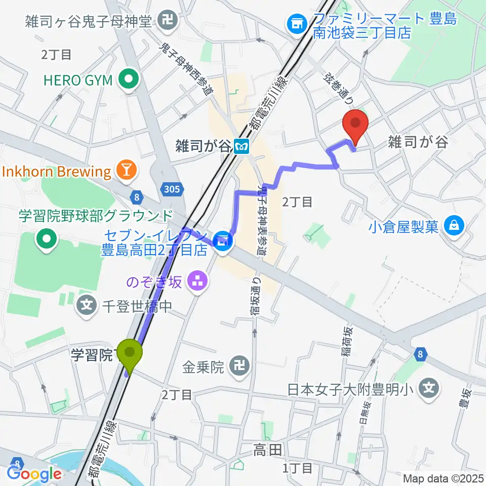 学習院下駅からギター専門店FANA東京へのルートマップ地図
