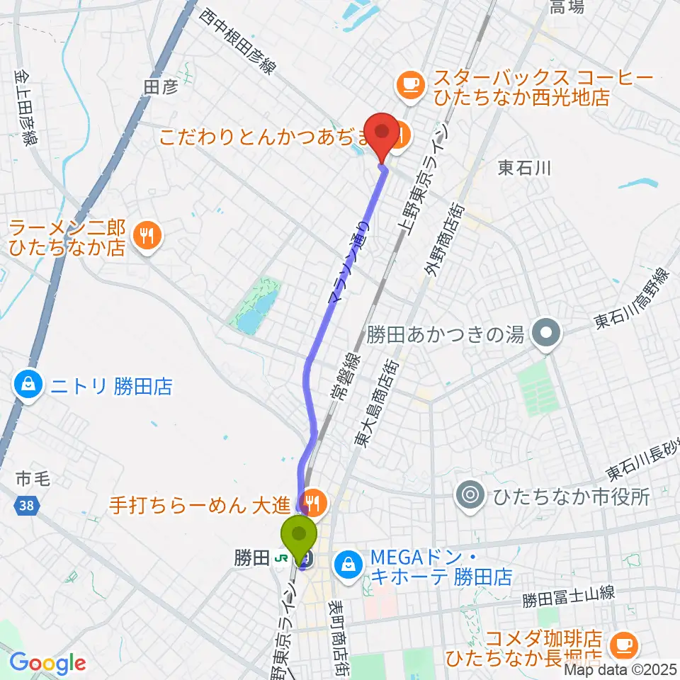 勝田駅からスタジオ音楽工房へのルートマップ地図